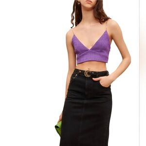 MAJE CROP BUSTIE Purple TOP Cotton Tweed Gold Chain Straps Size S 1